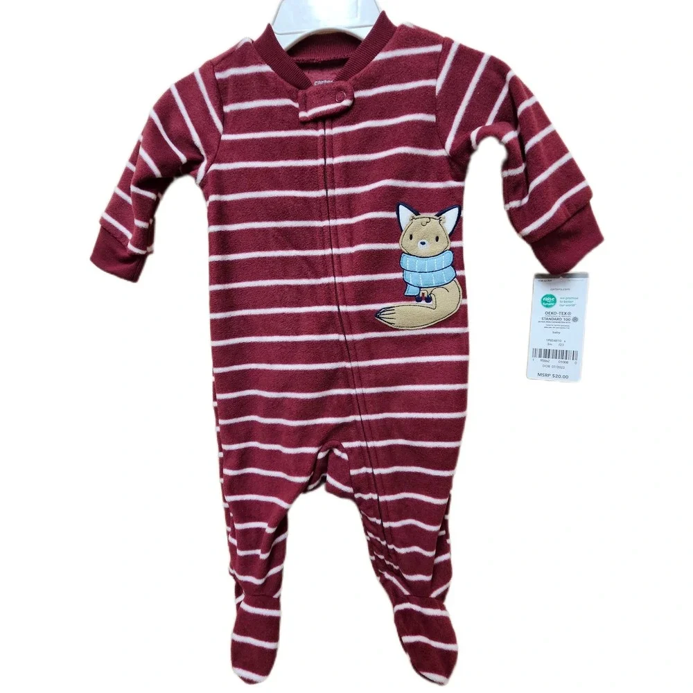 NWT Carter's 3 Months‎ Fox Burgandy Fleece Sleep & Play Footed Pajamas 2 Way Zip